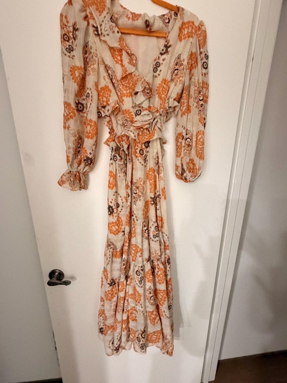 bishop + young Cream and Tan Printed Ruffle Maxi Dress 0133 - Picture 3 of 4